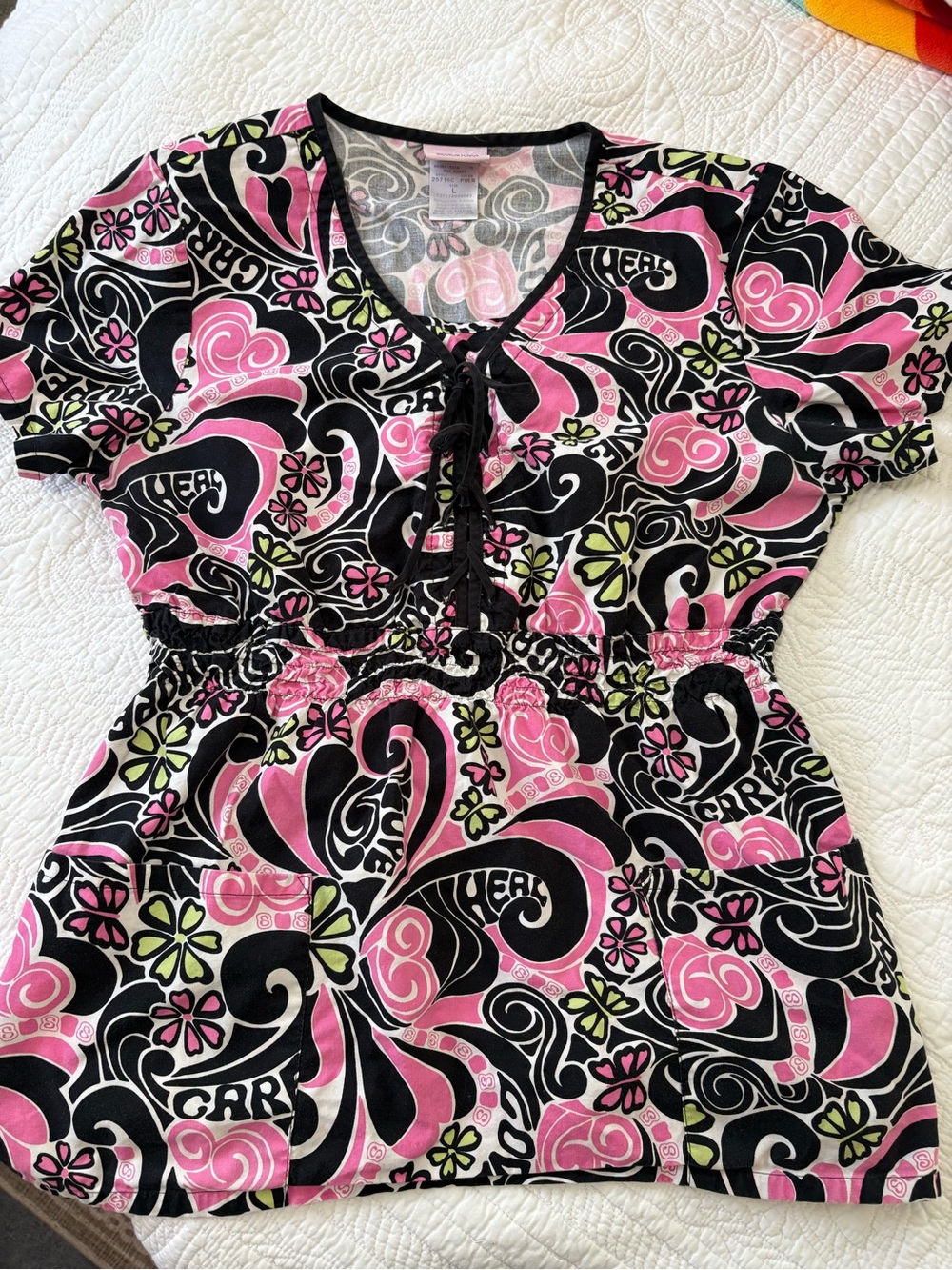 Sketchers Pink & Black Swirl Floral V-Neck scrub top